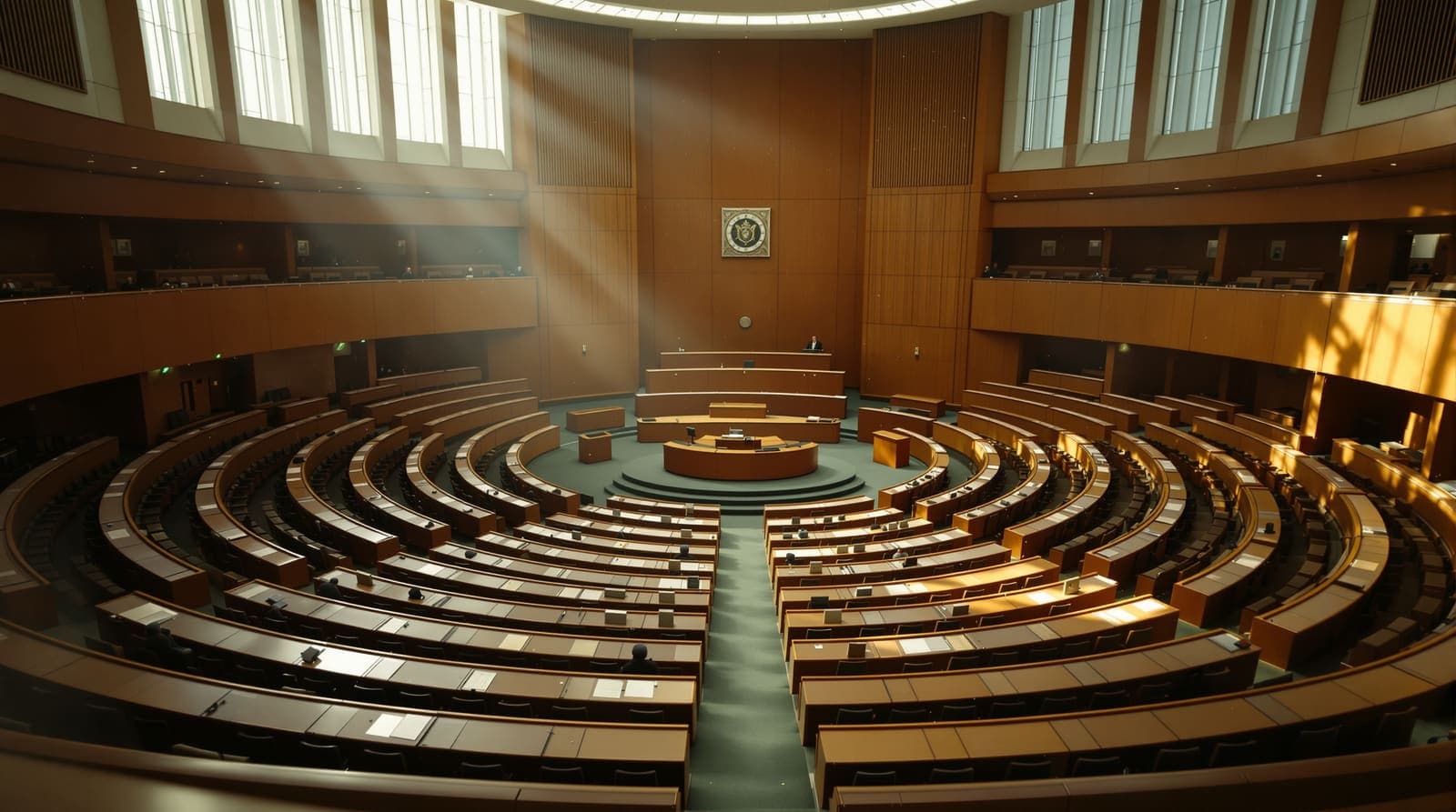 Illustration of an empty Israeli parliamentary chamber viewed from the public gallery.