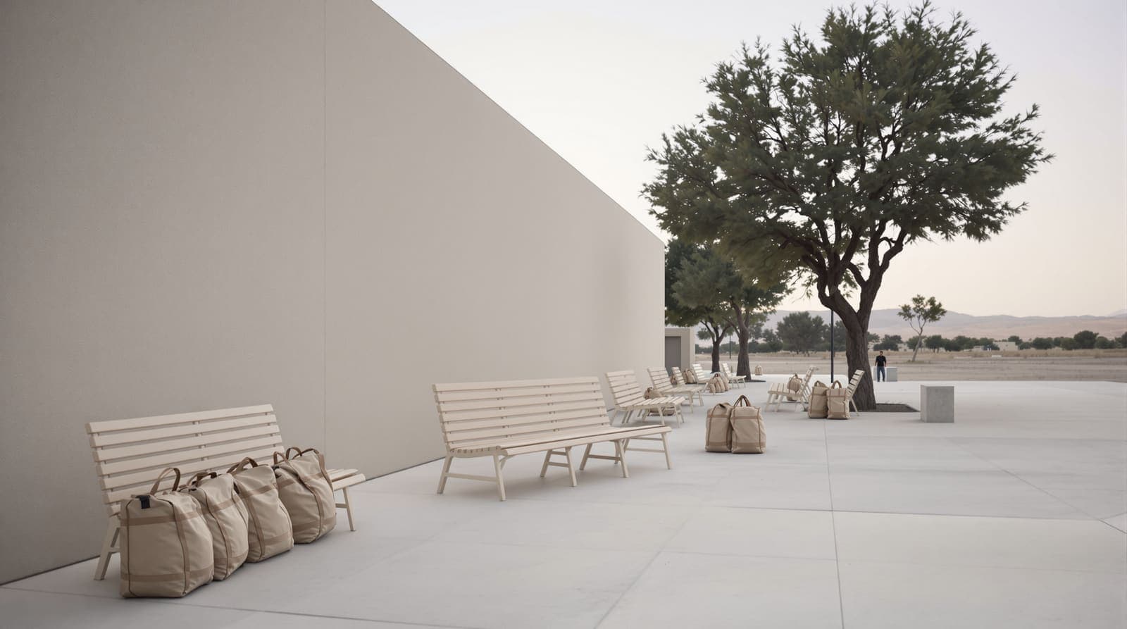 Illustration of an empty army induction base forecourt at dawn, with rows of vacant benches and duffel bags beside a limestone building.
