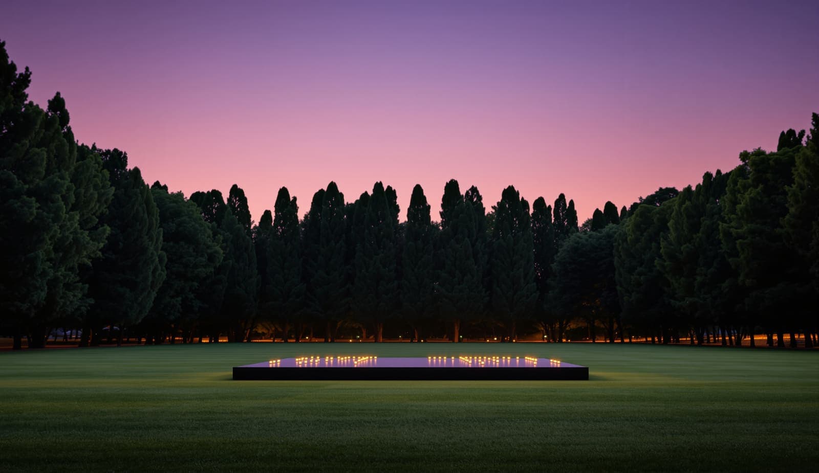 Illustration of an empty lawn in Yarkon Park at dusk, with a plain stage lined with candles beneath tall eucalyptus trees.