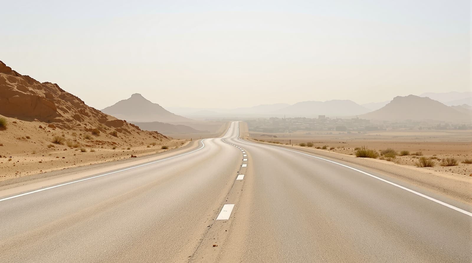 Illustration of an empty desert road curving through the Negev toward a distant town of low pale houses under a hazy sky