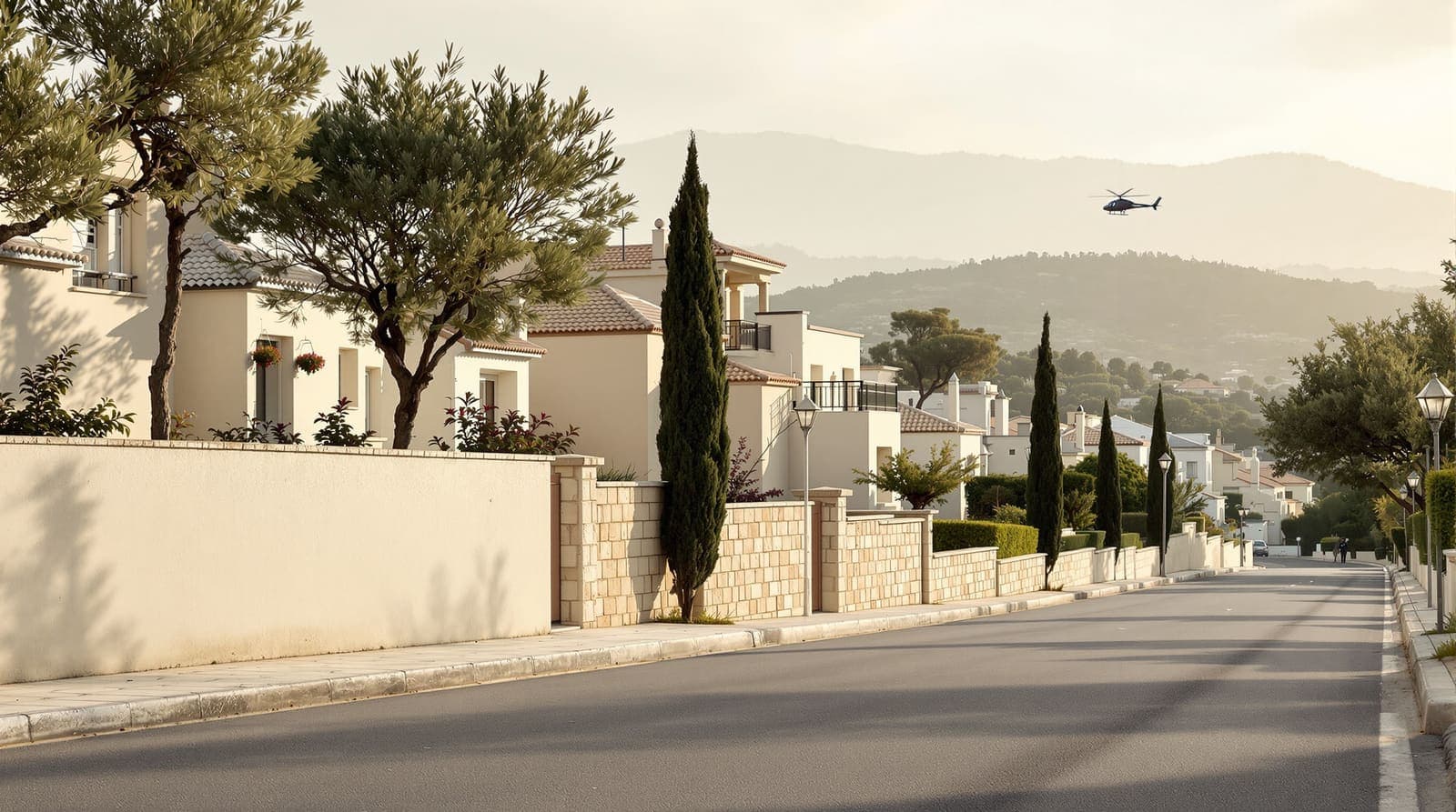 Illustration of an empty stone-built street in a Lower Galilee town at dawn, with a distant helicopter shape in the pale sky above the rooftops.