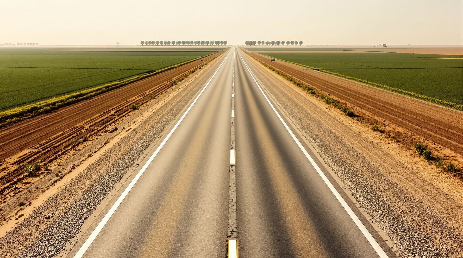 Illustration of an empty desert highway crossing flat Negev farmland in soft morning light, lined by fields and distant eucalyptus trees.