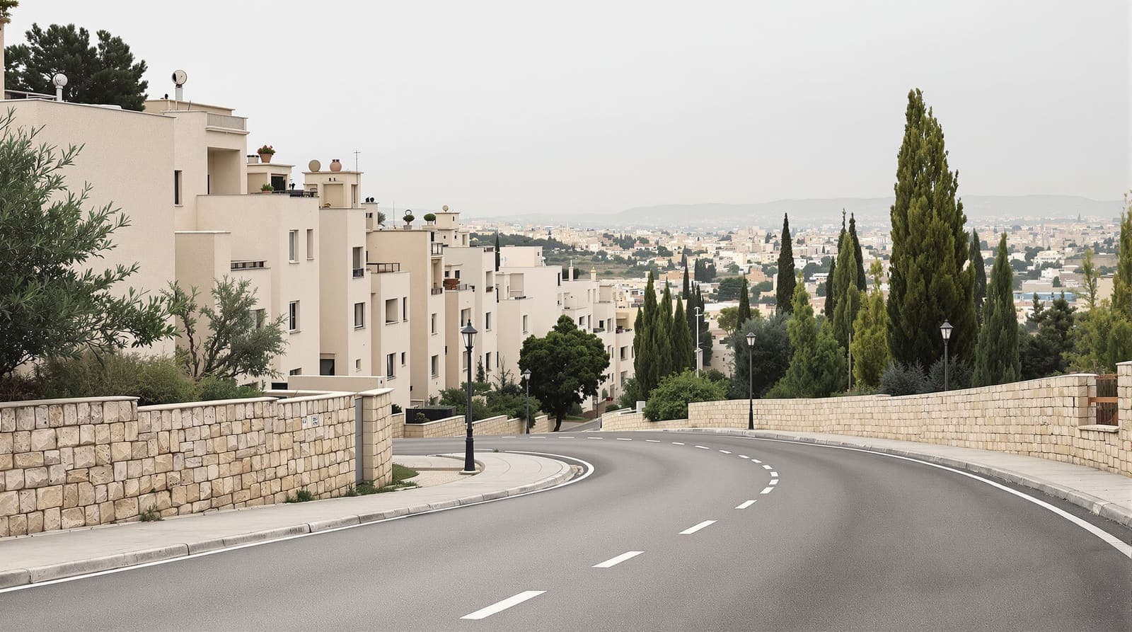Illustration of a quiet hillside street of pale limestone apartment blocks and eucalyptus trees in a Jerusalem neighbourhood on an overcast morning