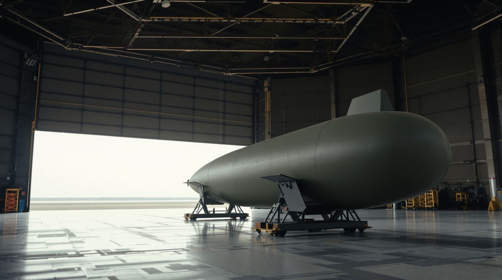 Illustration of a large grey bomb casing resting on a steel trolley inside an empty hangar, with a desert airfield visible through open doors.