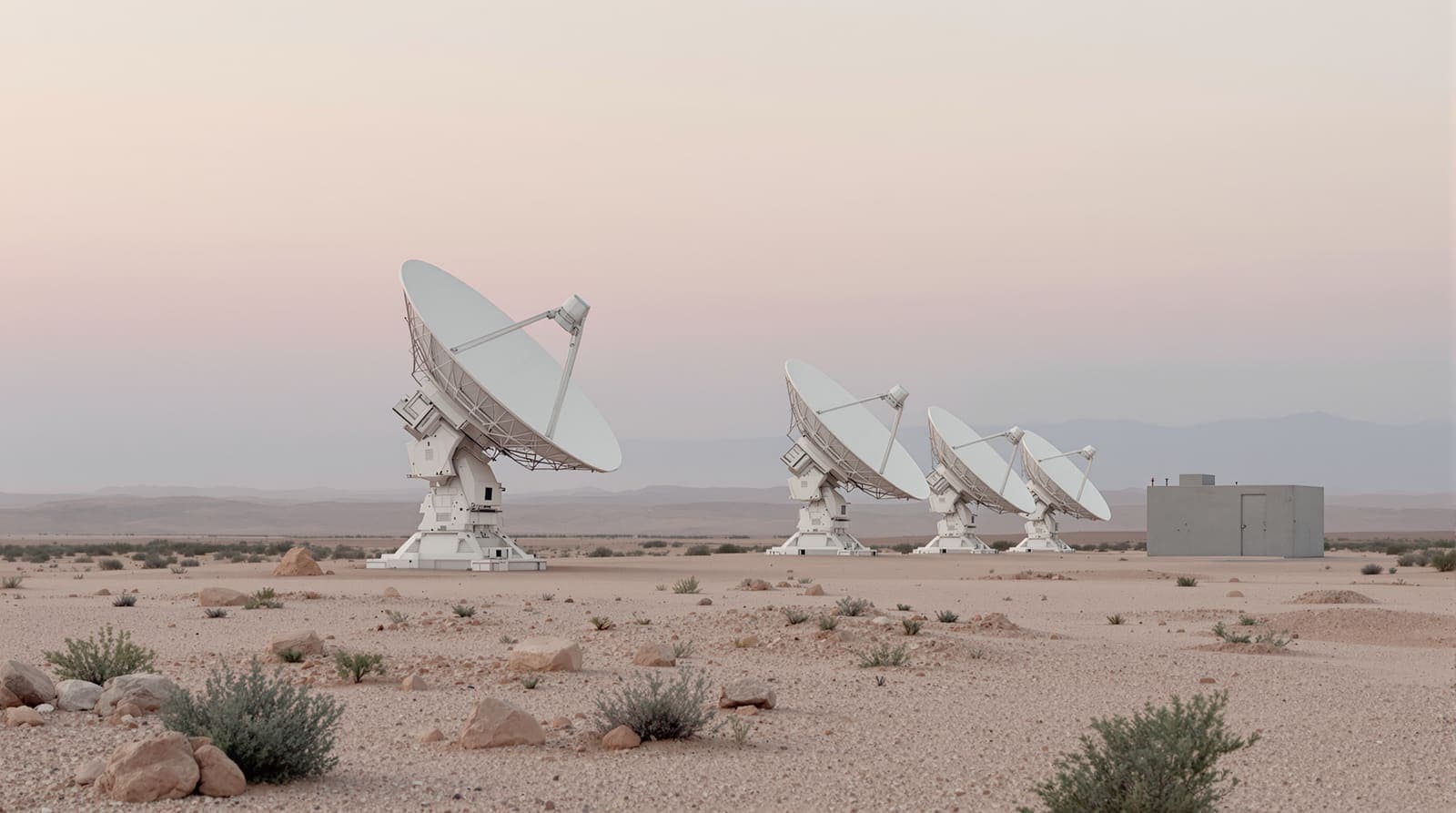 Illustration of satellite dish antennas on a Negev ridge at dawn, a setting for regional intelligence-sharing reporting.