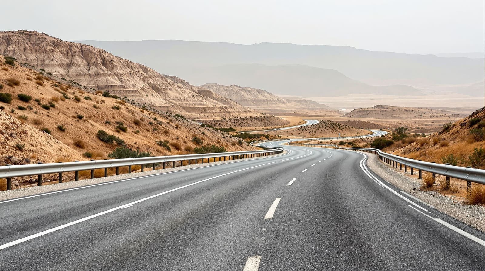 Illustration of an empty highway curving through pale limestone hills of the Binyamin area in quiet morning light.