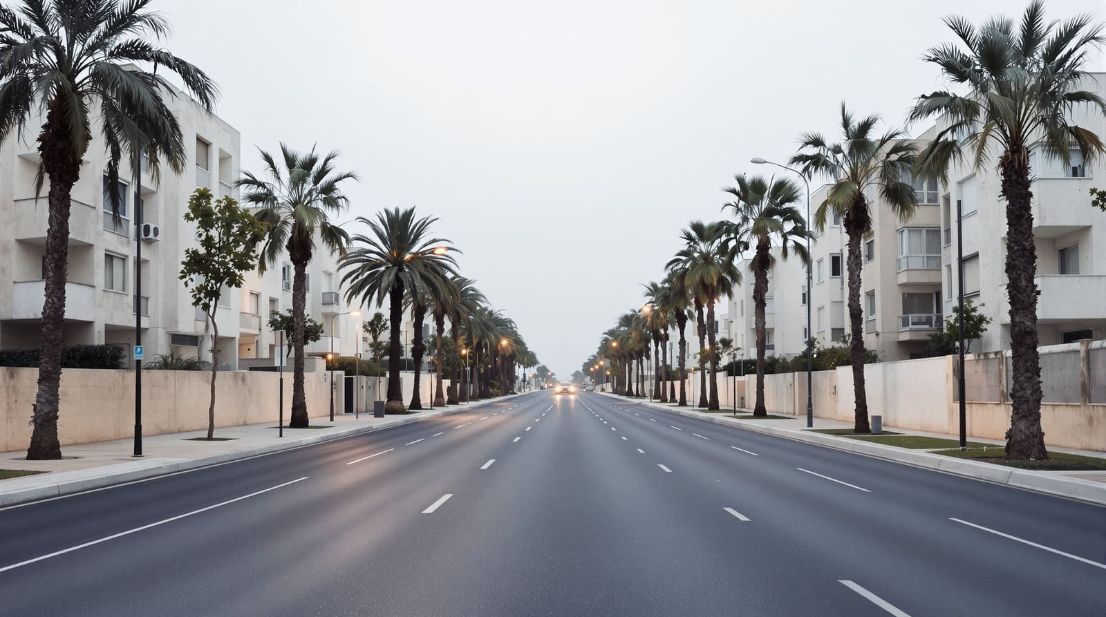 Illustration of a wide, empty city avenue in Tel Aviv lined with trees and concrete apartment blocks under a grey dawn sky