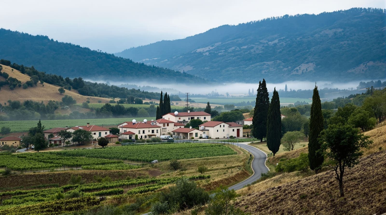 Illustration of a quiet Galilee Panhandle valley at dawn, with orchards, a small village and hazy northern ridges beyond.