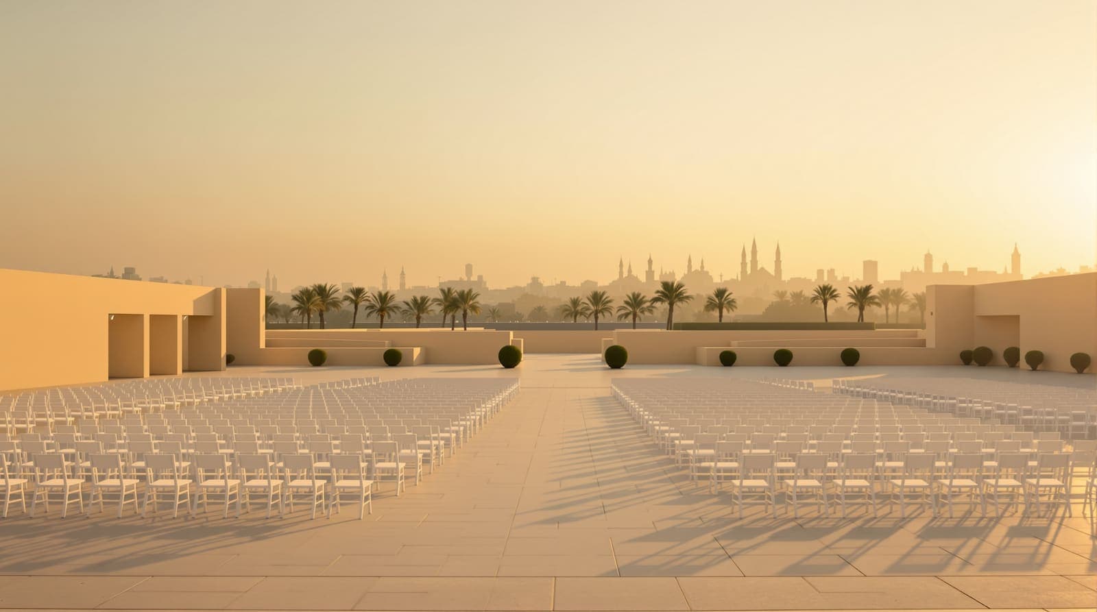 Illustration of an empty military academy parade ground with rows of chairs and a reviewing stand, the Cairo skyline hazy in the distance at dusk.