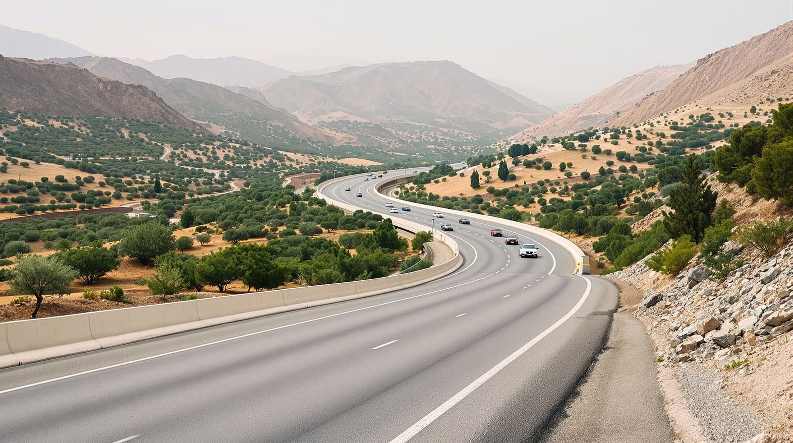 Illustration of a divided highway curving through green hills and olive terraces in northern Israel under a hazy morning sky.