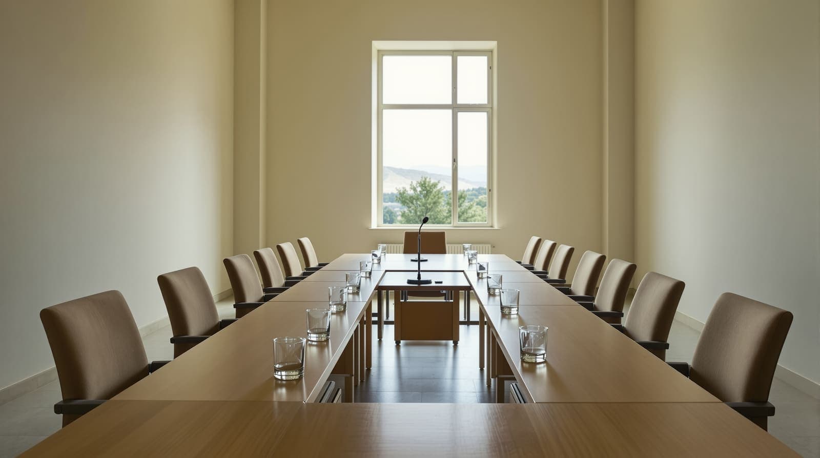 Illustration of an empty municipal meeting room with a long table and chairs, daylight from a window onto Galilee hills.