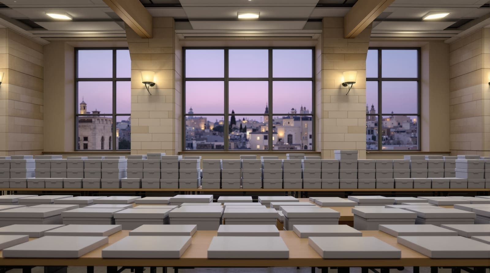 Illustration of sealed ballot boxes stacked on tables in a quiet committee hall with limestone walls at dusk