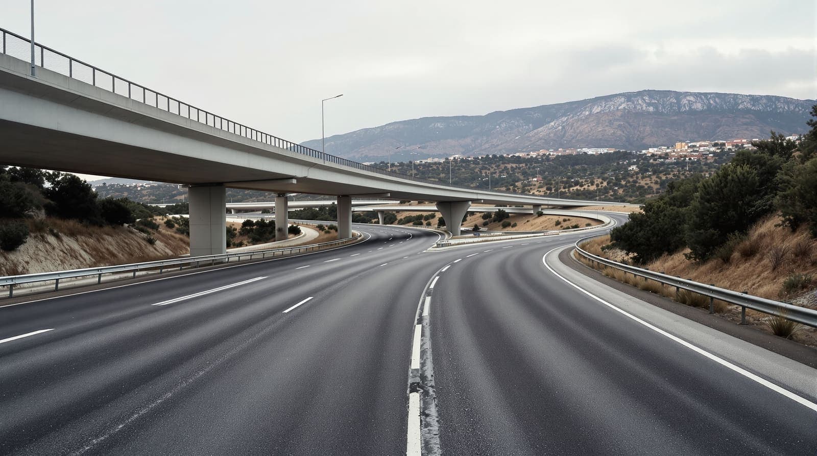 Illustration of a quiet empty highway interchange below the wooded slopes of Mount Carmel at dusk, with bare barriers and open asphalt.