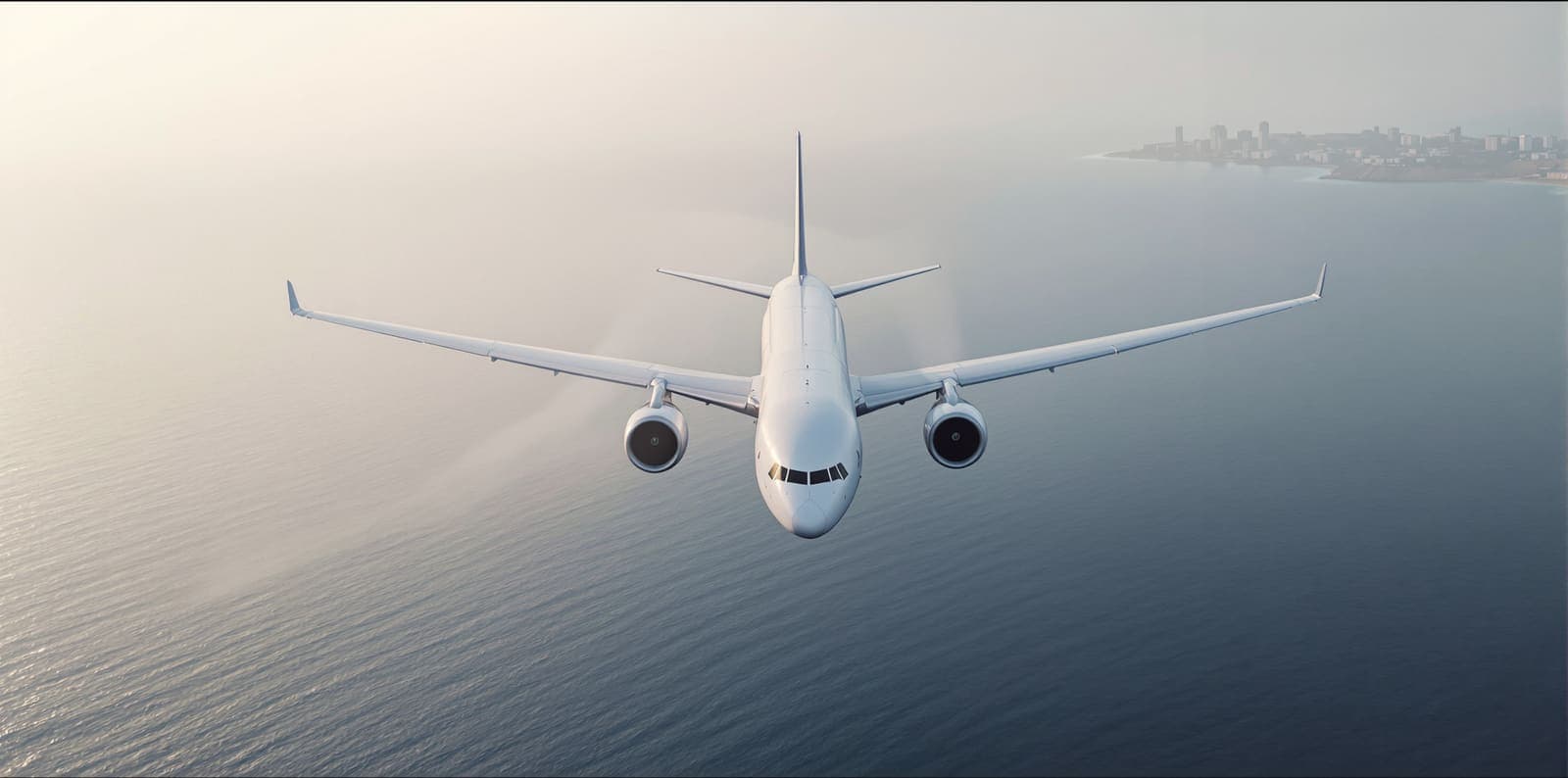 Illustration of a widebody jet turning high over the Mediterranean Sea at dawn, the Israeli coastline faint and distant below