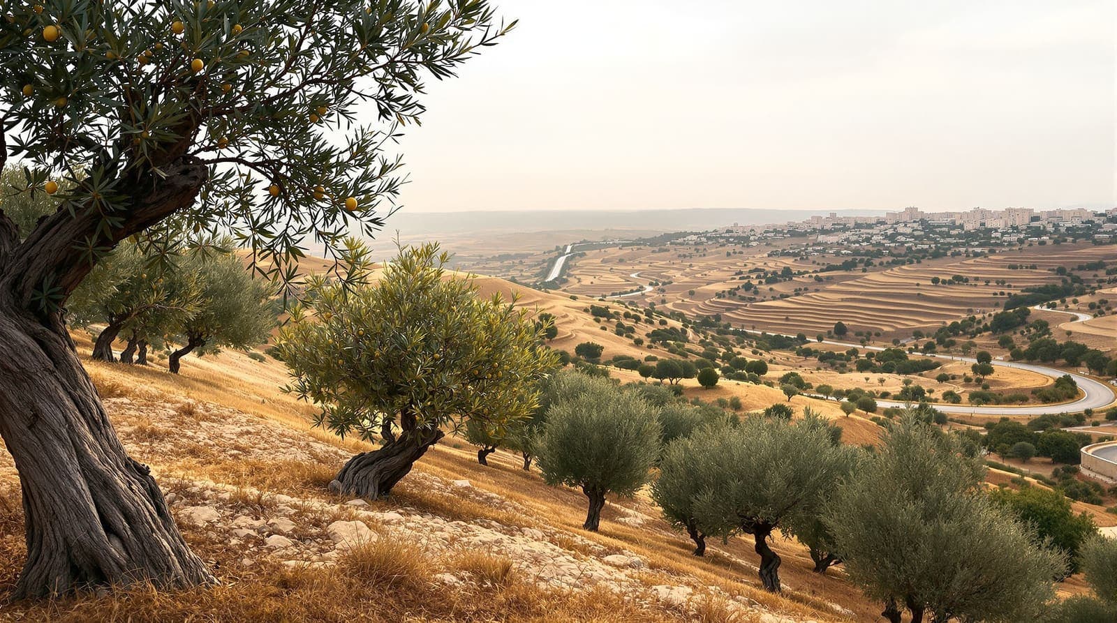 Illustration of olive terraces on limestone hills with an empty valley road and distant stone village under a pale dawn sky.