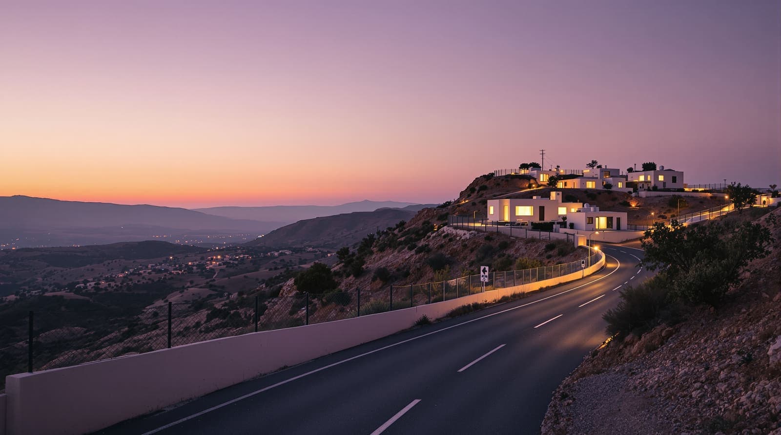 Illustration of a small hilltop settlement with prefab homes above olive terraces in the Samaria hills at dusk.