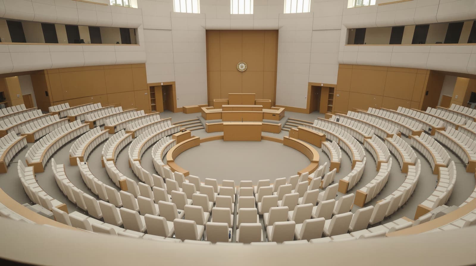 Illustration of the empty Knesset plenum chamber seen from the public gallery, its rows of vacant seats under soft daylight.