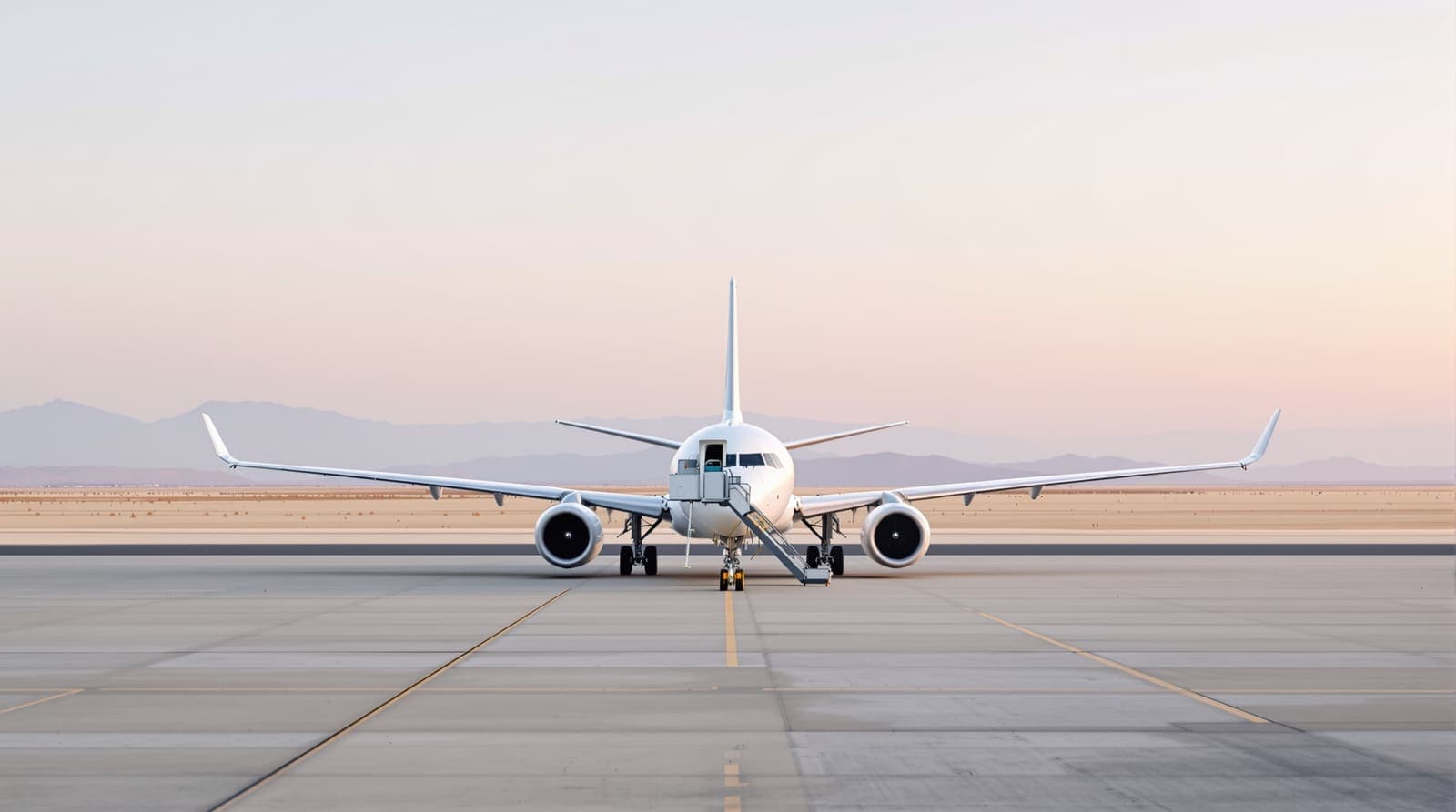 Illustration of a plain white passenger jet parked on a quiet desert airport apron beneath rust-coloured mountains at dawn.