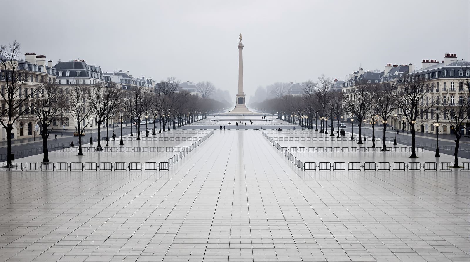 Illustration of an empty Paris square at dawn lined with rows of metal crowd barriers between pale Haussmann facades under grey sky.