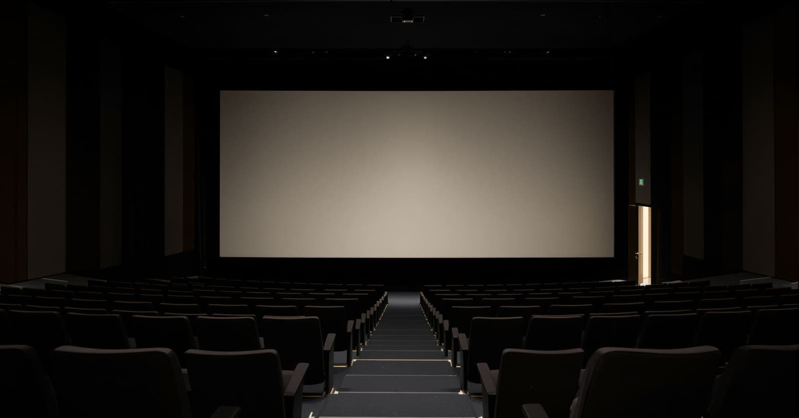 Illustration of an empty festival cinema auditorium with vacant seats facing a blank pale projection wall in soft evening light.