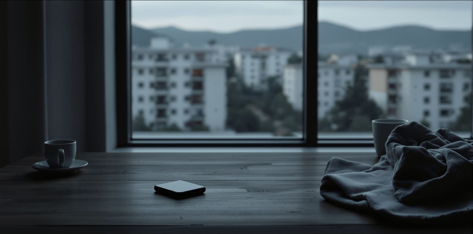 Illustration of a small black pager lying on a bare wooden table by a window, with a hazy view of distant apartment blocks at dusk.