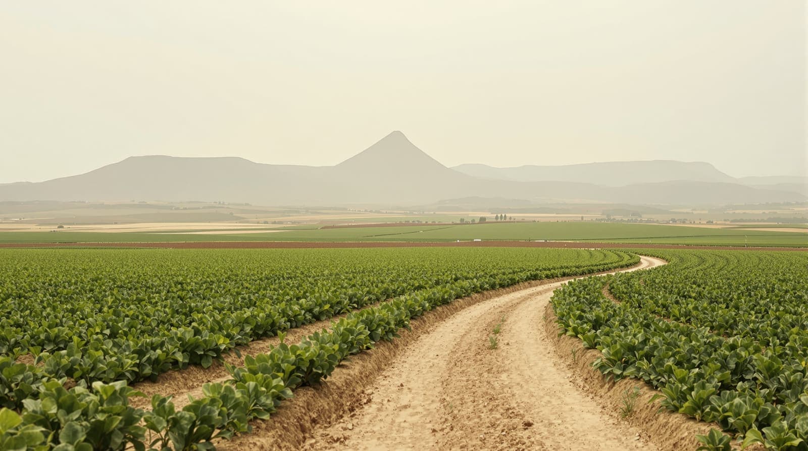 Illustration of cultivated fields and a farm track on the Golan Heights plateau, with the volcanic cone of Mount Avital in the distance.