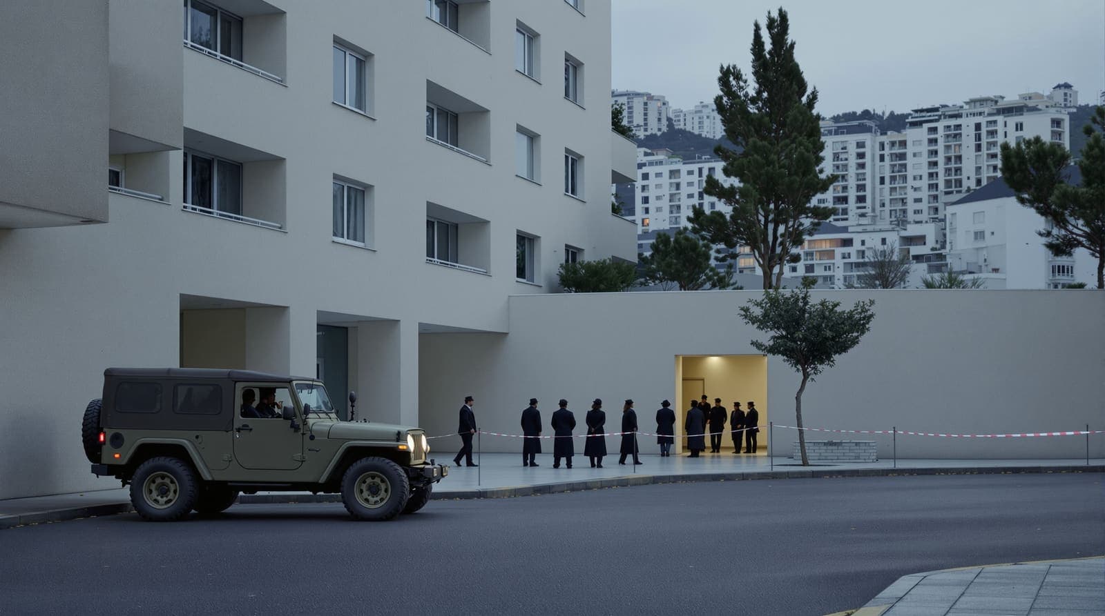 Illustration of a parked military jeep outside a pale limestone apartment block in Modiin at dawn, with small distant figures near the doorway