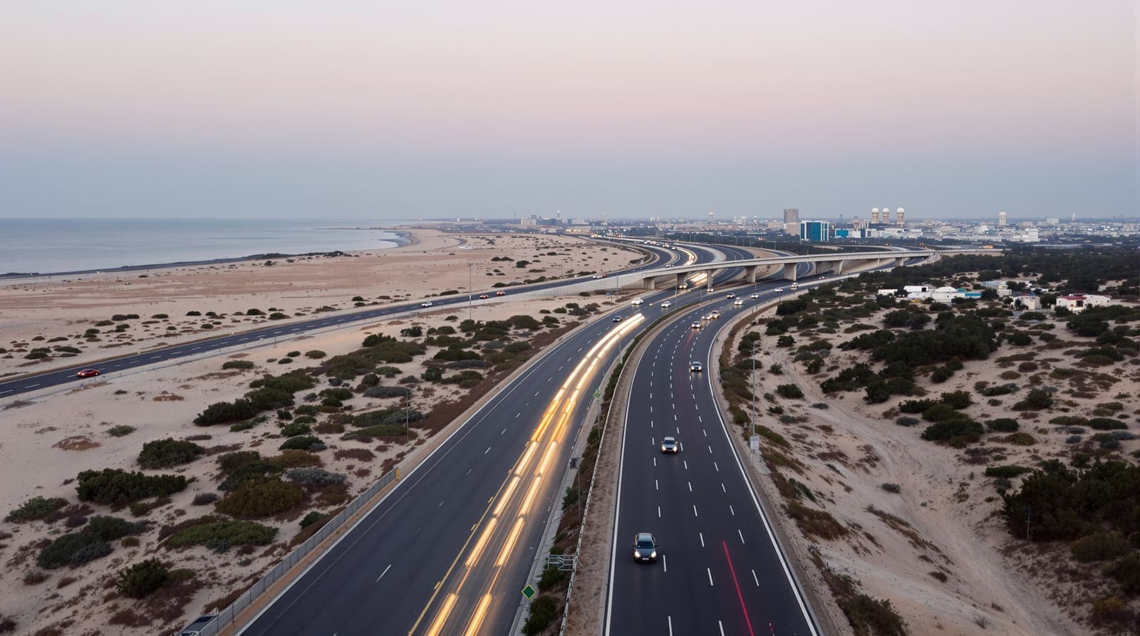 Illustration of a coastal highway in central Israel at dawn, distant traffic moving past dunes, eucalyptus and a concrete overpass.
