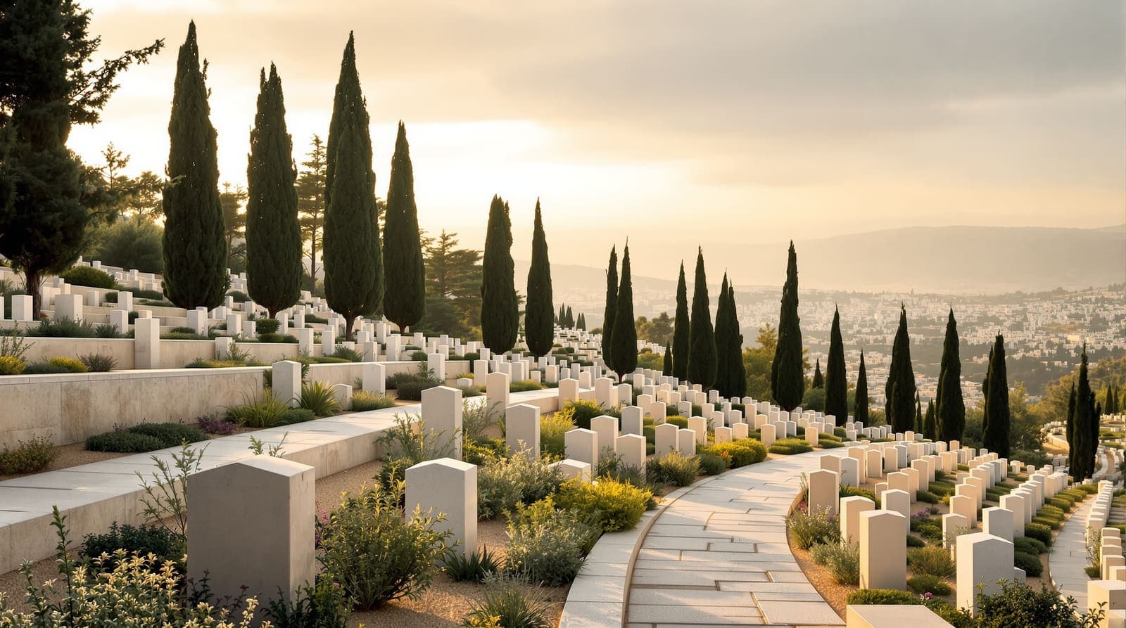 Illustration of rows of pale limestone graves among pines on a terraced Jerusalem hillside cemetery at dawn