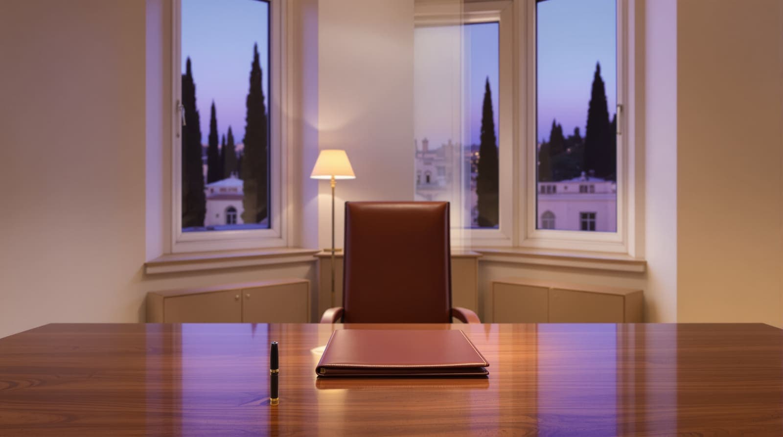 Illustration of an empty formal office in Jerusalem at dusk, a bare polished desk with a closed folder and pen beside tall windows.