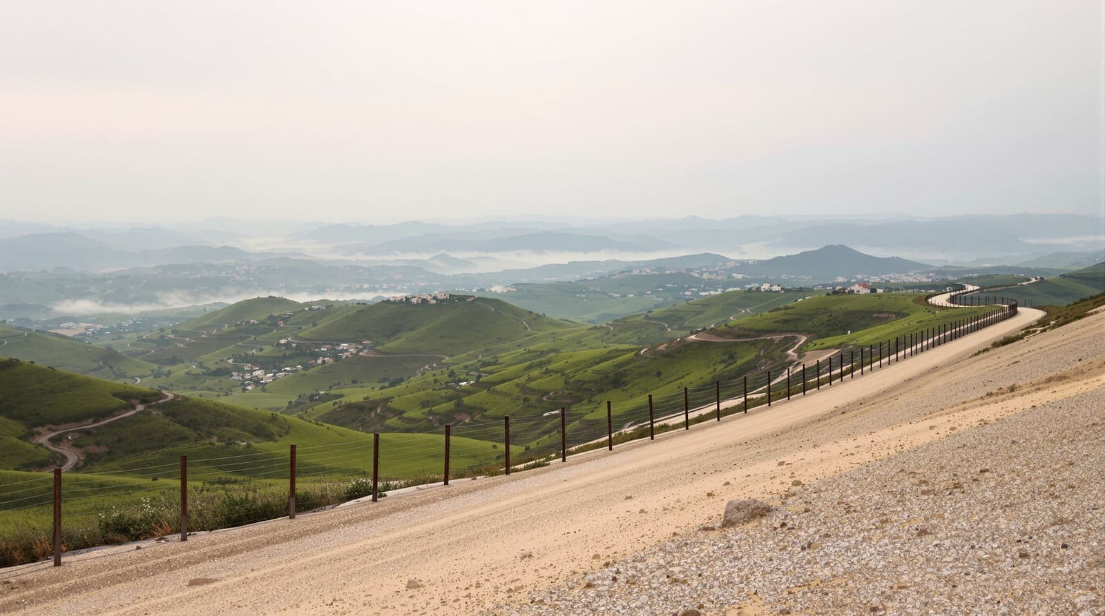 Illustration of the hills and villages of southern Lebanon seen beyond a border fence at dawn