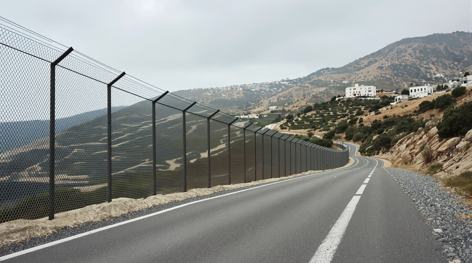 Illustration of a border fence on a Galilee ridge with olive terraces and a distant southern Lebanese hill village under overcast sky
