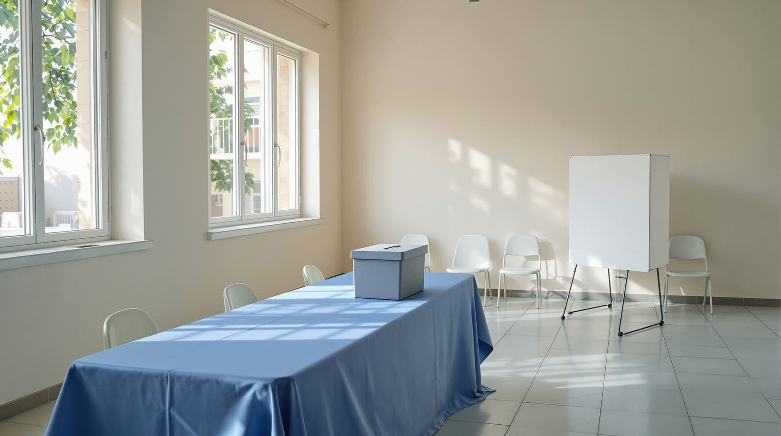 Illustration of an empty polling station in a stone classroom with a ballot box on a cloth-covered table and a blank voting booth.