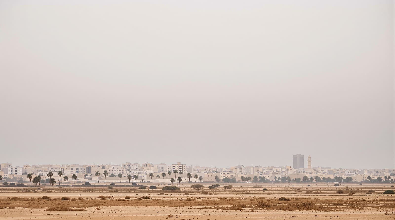 Illustration of the hazy low skyline of Khan Younis seen from distant farmland under a muted dawn sky