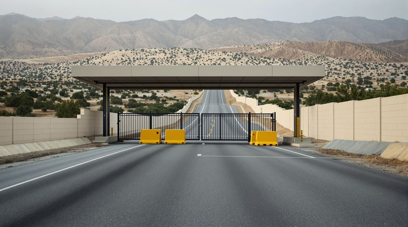 Illustration of a shut steel gate at a concrete crossing point on an empty road among West Bank scrub hills at dawn
