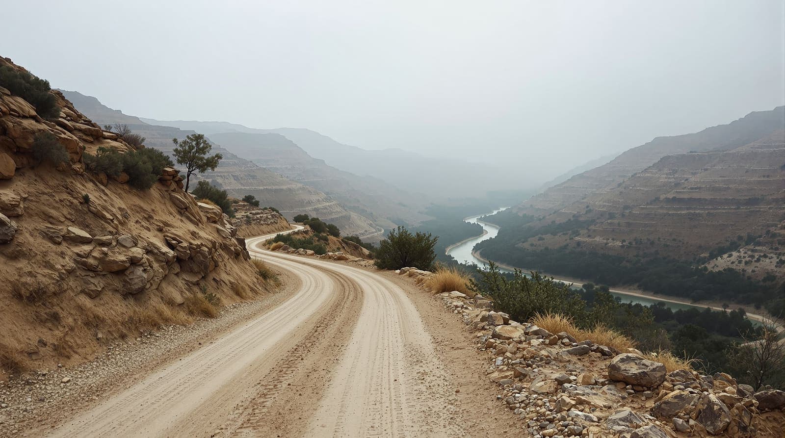 Illustration of an empty dirt track winding through scrub hills above the Litani River valley in southern Lebanon at dawn