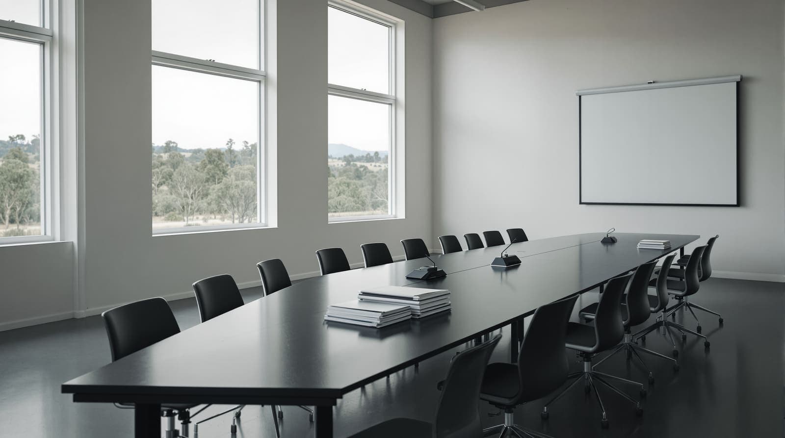 Illustration of an empty military briefing room with a long table and vacant chairs in soft dawn light.