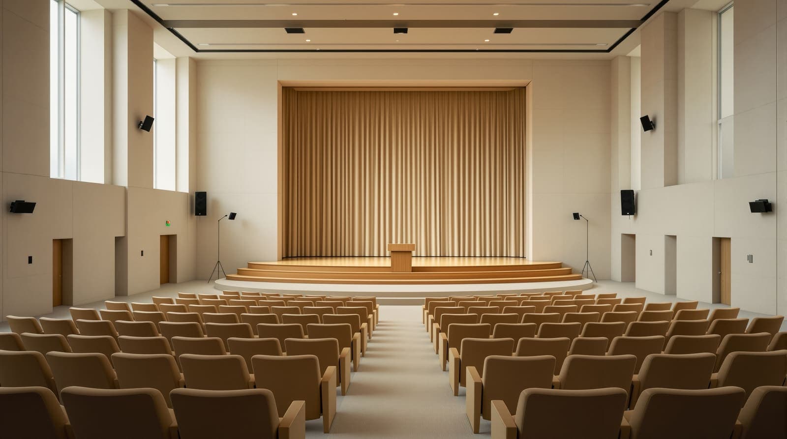 Illustration of an empty auditorium with a plain lectern and vacant seats, a quiet setting for a formal address.
