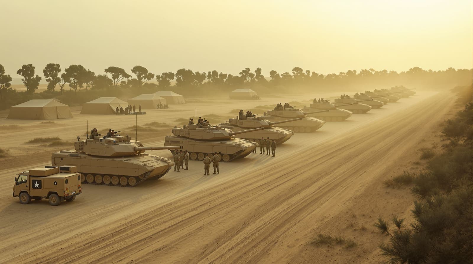 Illustration of armoured vehicles and field tents at a desert exercise area near the Gaza border at dawn, with small distant figures.