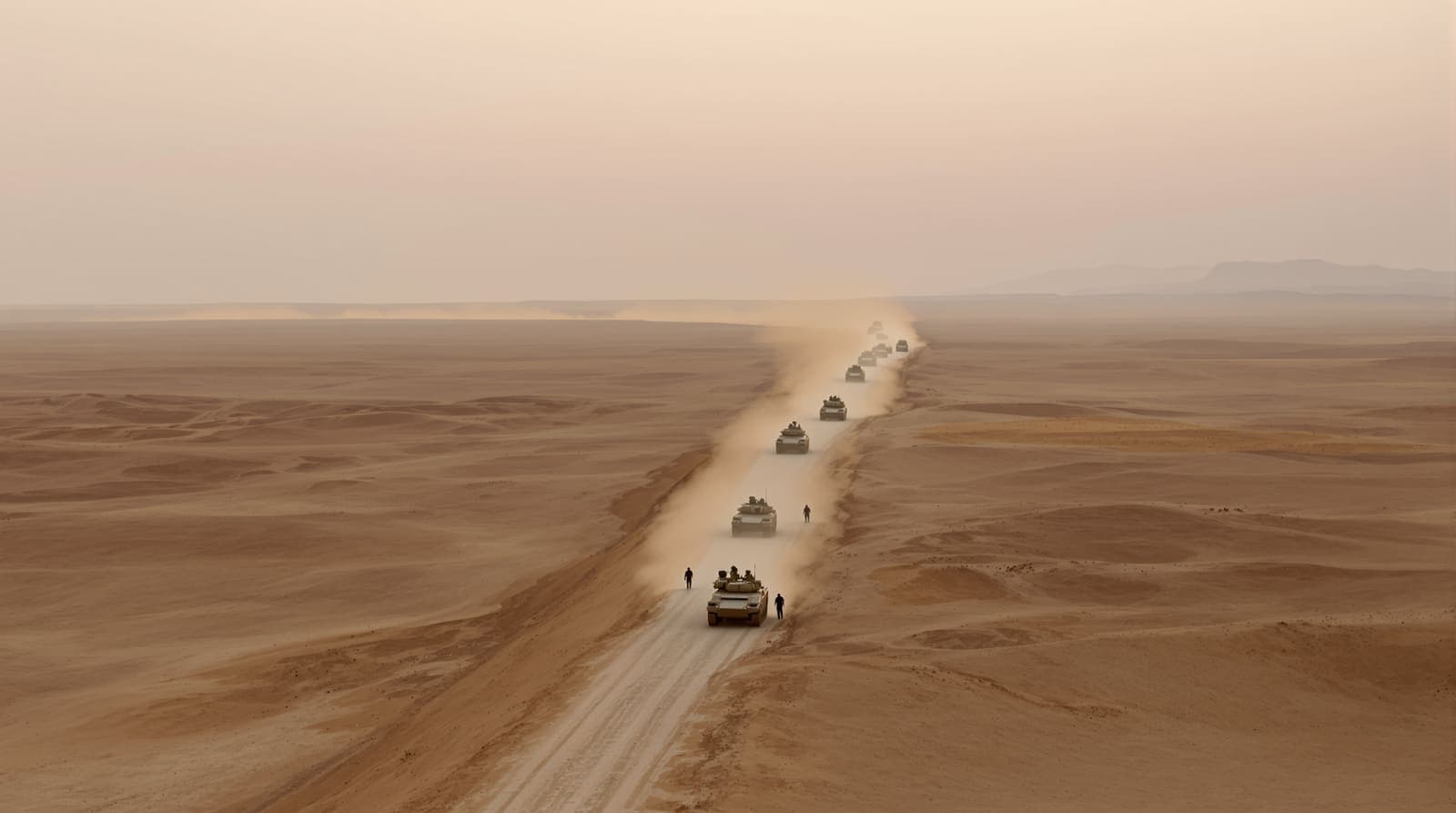 Illustration of a distant column of armoured vehicles on a dusty desert training ground at dawn, seen from a ridge behind.