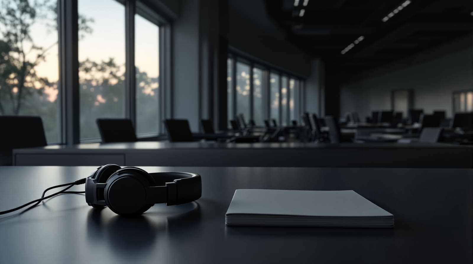 Illustration of an empty intelligence analyst's desk with headphones in a quiet military operations room at dawn