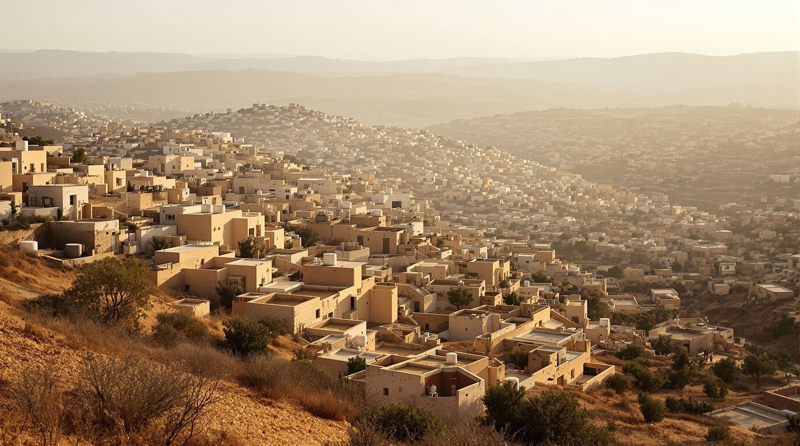 Illustration of Hebron's terraced limestone houses on hillsides seen from a distant ridge in hazy dawn light
