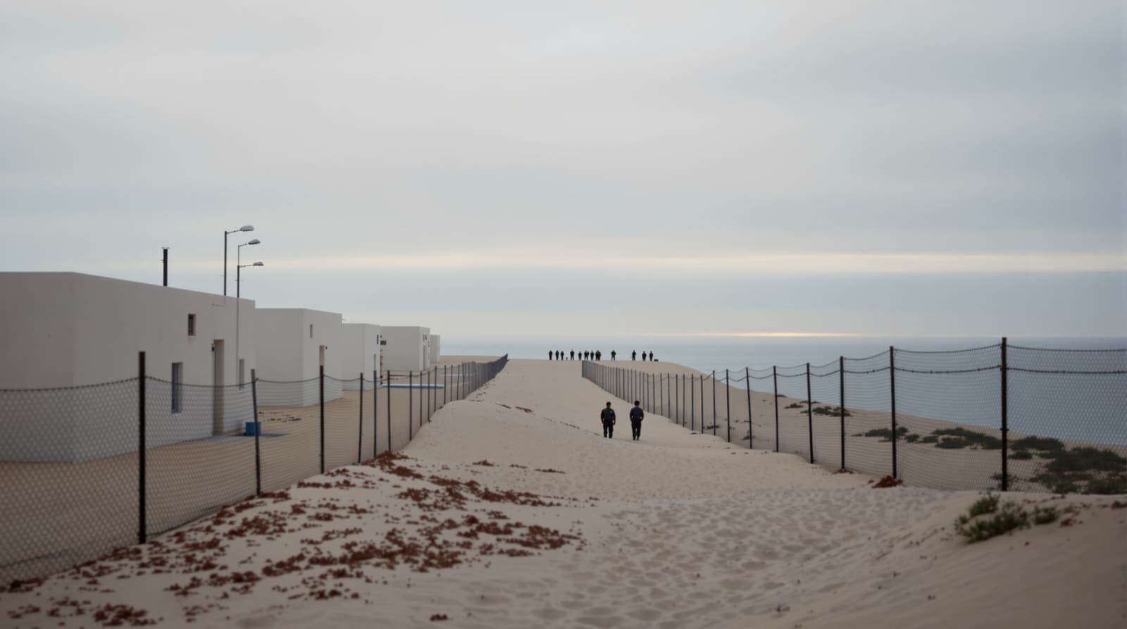 Illustration of a coastal military base beside dunes and the Mediterranean shore in southern Israel at dawn, with small distant figures standing still.
