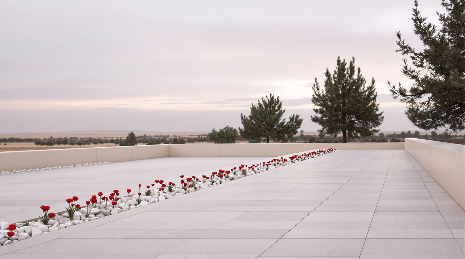 Illustration of a quiet limestone memorial plaza with white stones and red anemones beside eucalyptus trees in the Negev at dawn