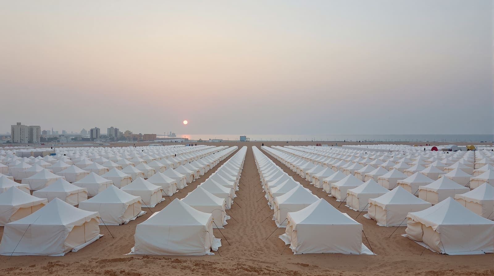 Illustration of rows of pale tents on a sandy coastal plain at dawn with a hazy distant skyline and the sea beyond.