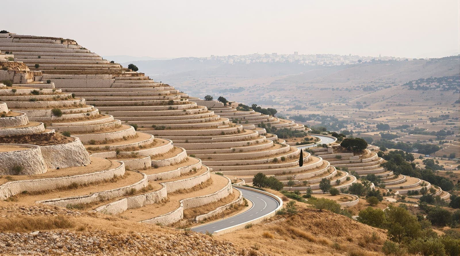 Illustration of olive terraces and limestone ridgelines in the southern West Bank at dawn, with a quiet road and a distant hillside town.