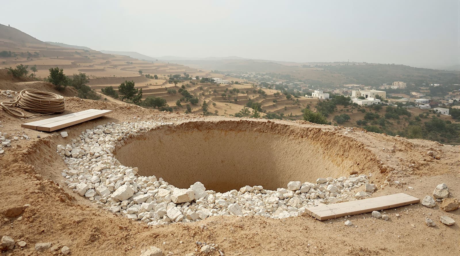 Illustration of an excavated shaft opening in bare earth on a hillside above olive terraces and pale buildings at dawn.