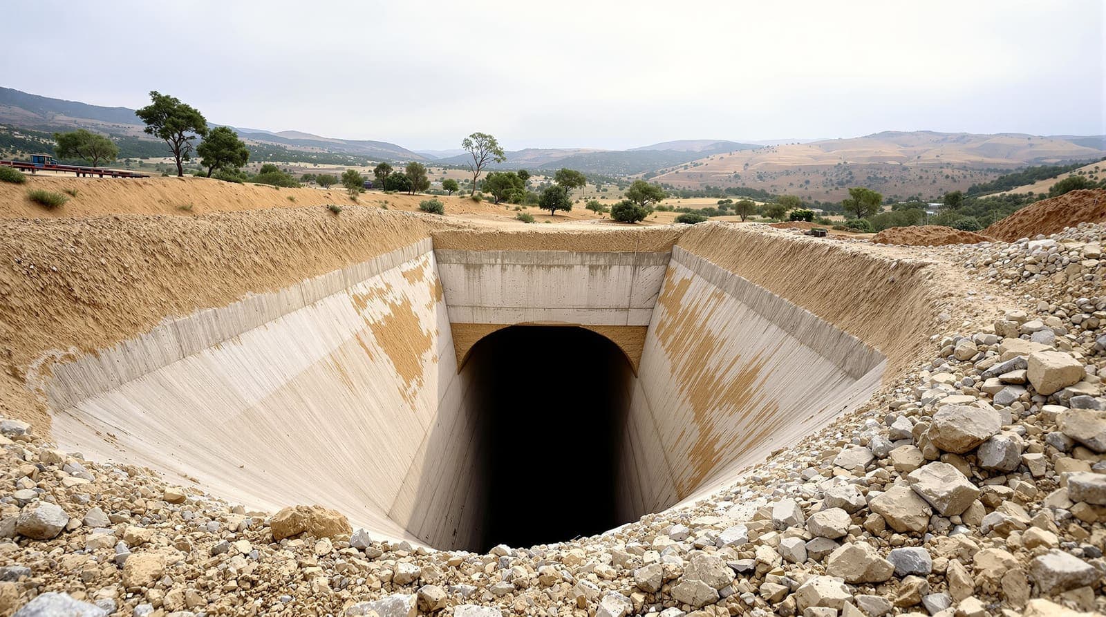 Illustration of a tunnel opening cut into a limestone hillside among terraced scrub hills in southern Lebanon under an overcast sky.