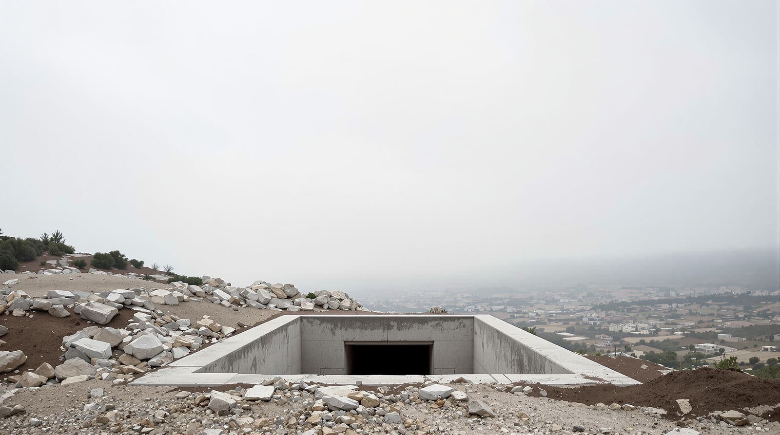 Illustration of a concrete tunnel shaft in rocky earth on a terraced southern Lebanon hillside, with a quiet stone village on the ridge beyond.