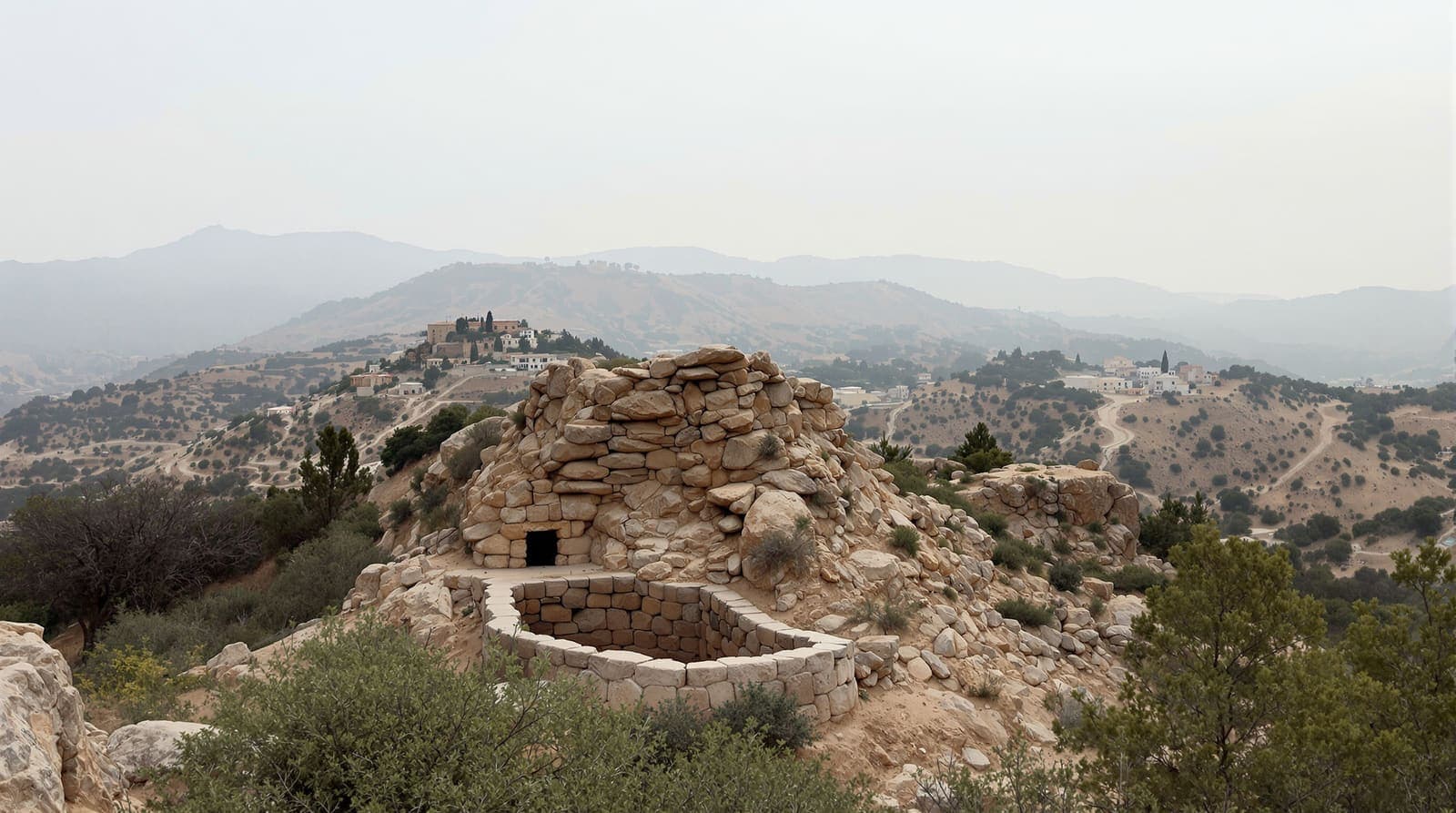 Illustration of a terraced limestone hillside near a southern Lebanese village at dawn, with a stone dugout among scrub and Mount Hermon behind